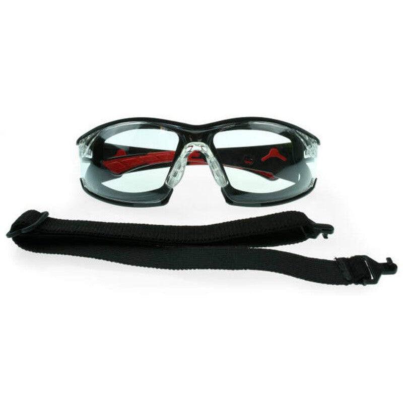 Radians Obliterator Foam-Lined Safety Glasses with Black/Red Frame and Clear IQUITY Anti-Fog Lens - Front View with Strap