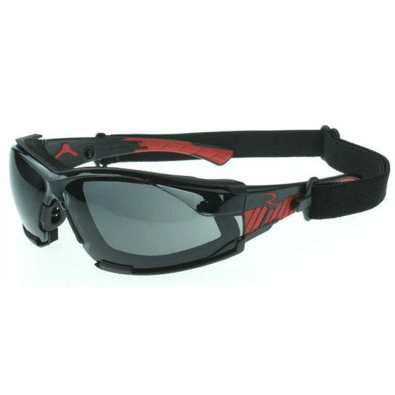 Radians Obliterator Foam-Lined Safety Glasses with Black/Red Frame and Smoke IQUITY Anti-Fog Lens - with Foam-Lined Insert and Strap