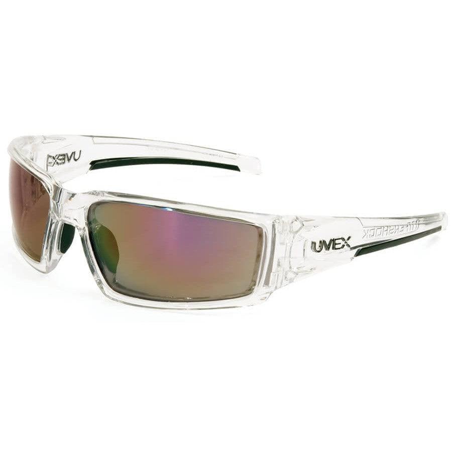 Uvex Hypershock Safety Glasses with Clear Ice Frame and Red Mirror Lens