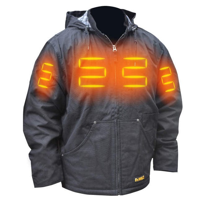 DeWalt DCHJ076ATD1 Unisex Heated Heavy Duty Work Coat With Battery & Charger Front Heat Zones - Shown in Black
